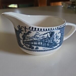 Vintage Blue and White Creamer with Train Design